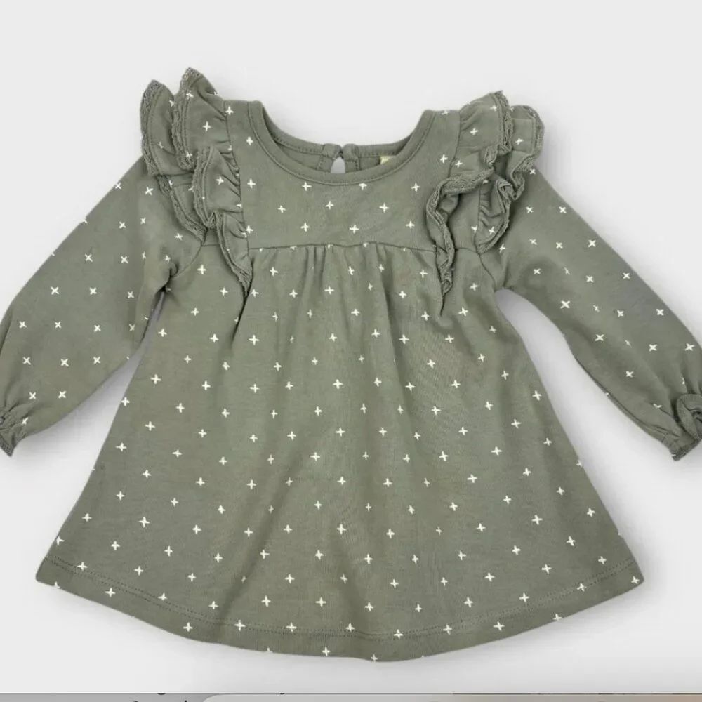 Quincy Mae sage green and white print dress ruffles organic cotton size 6-12 mon